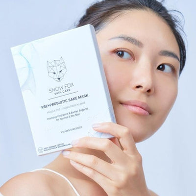 pre and probiotic sake sheet mask girl holding for bright healthy skin microbiome 